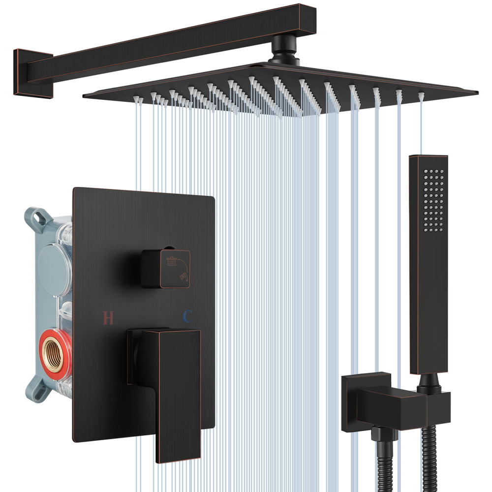 Midanya Rain Shower System 12 Inch Square Rainfall High Pressure Shower Head Wall Mount Shower Faucet Set with Hand Sprayer and Rough-in Valve Trim Kit Bathroom Mixer Shower Combo Set