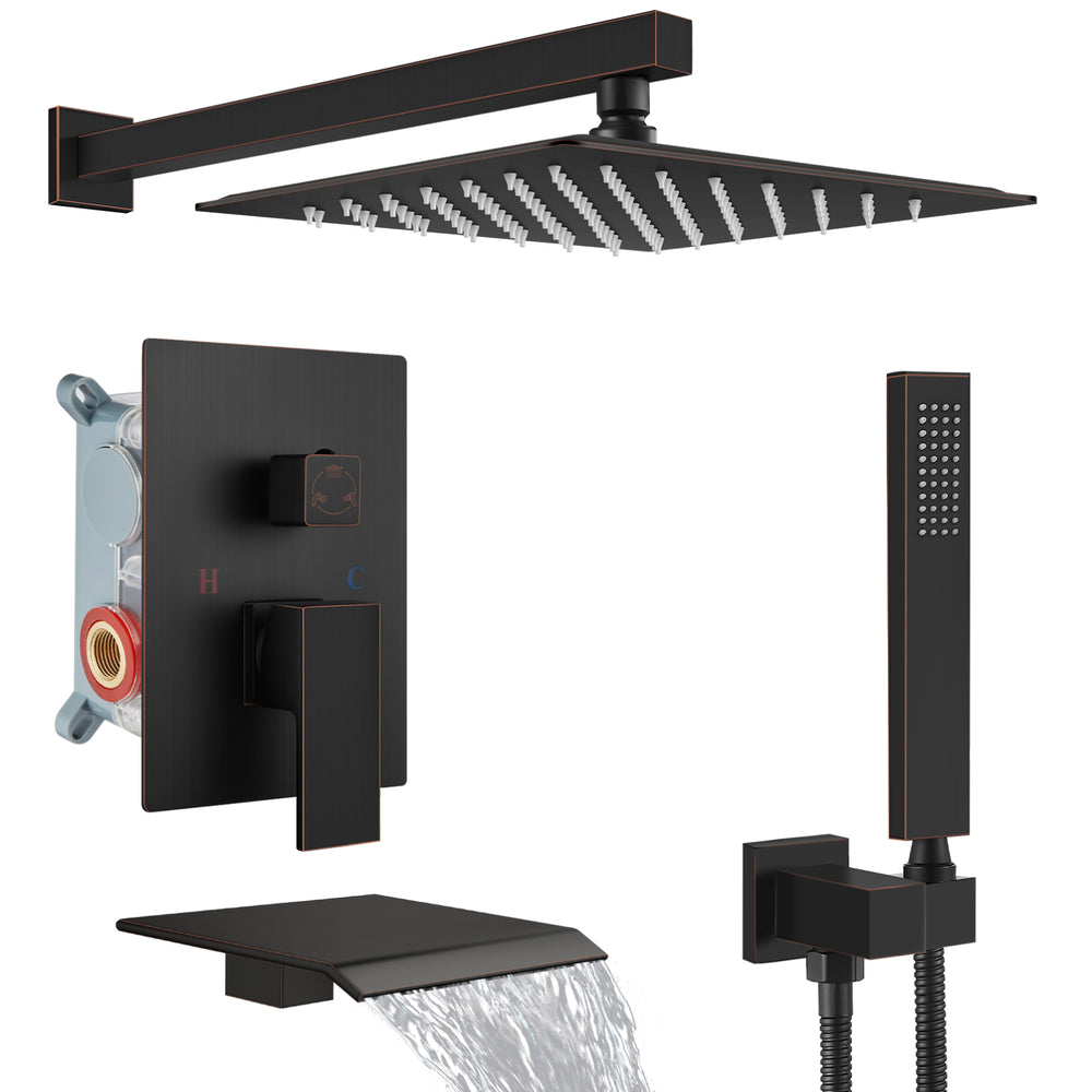 Midanya Rain Shower System Tub Shower Faucet Set 10 Inch Square Rainfall High Pressure Shower Head with Handheld Sprayer and Waterfall Tub Spout Rough-in Valve Shower Mixer Combo