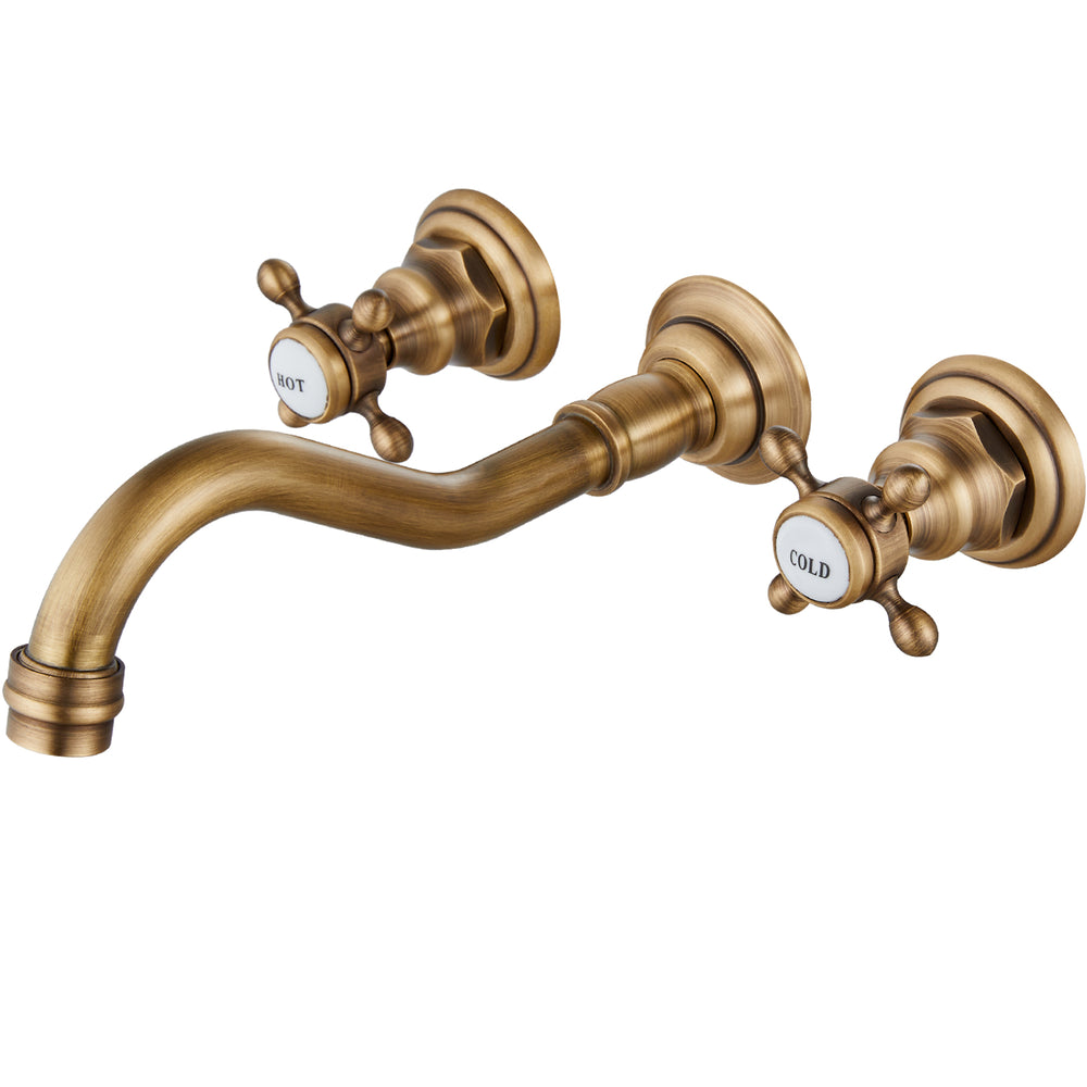 Midanya Bathroom Sink Faucet Widespread Wall Mount 3 Holes 2 Cross Knobs Brass Lavatory Vessel Basin Mixer Tap Mixing Spout Double Handles Commercial with Hot and Cold Signs