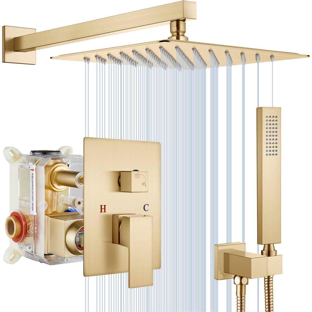 Midanya Rain Shower System 12 Inch Square Rainfall High Pressure Shower Head Wall Mount Shower Faucet Set with Hand Sprayer and Rough-in Valve Trim Kit Bathroom Mixer Shower Combo Set