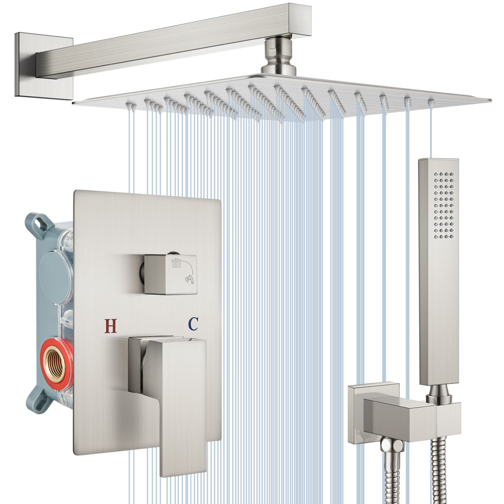 Midanya Rain Shower System 12 Inch Square Rainfall High Pressure Shower Head Wall Mount Shower Faucet Set with Hand Sprayer and Rough-in Valve Trim Kit Bathroom Mixer Shower Combo Set