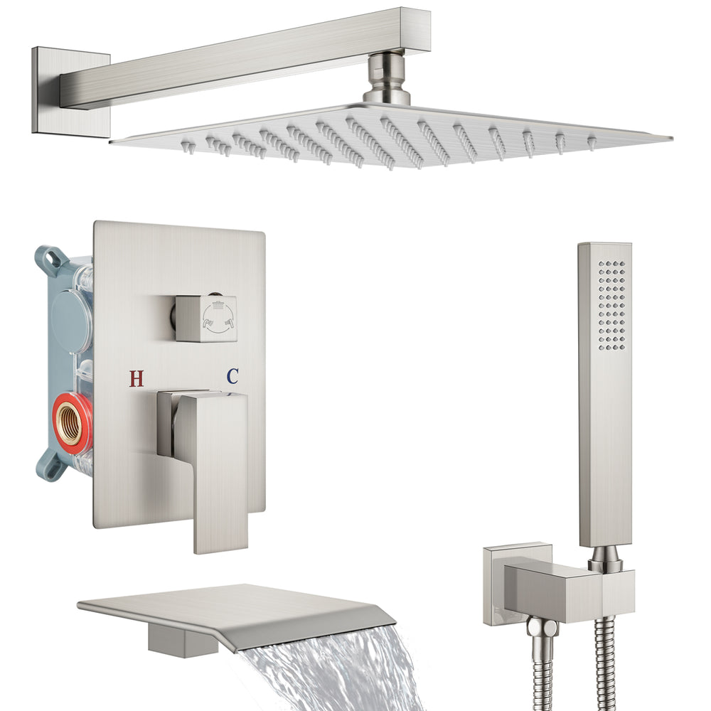 Midanya Rain Shower System Tub Shower Faucet Set 10 Inch Square Rainfall High Pressure Shower Head with Handheld Sprayer and Waterfall Tub Spout Rough-in Valve Shower Mixer Combo