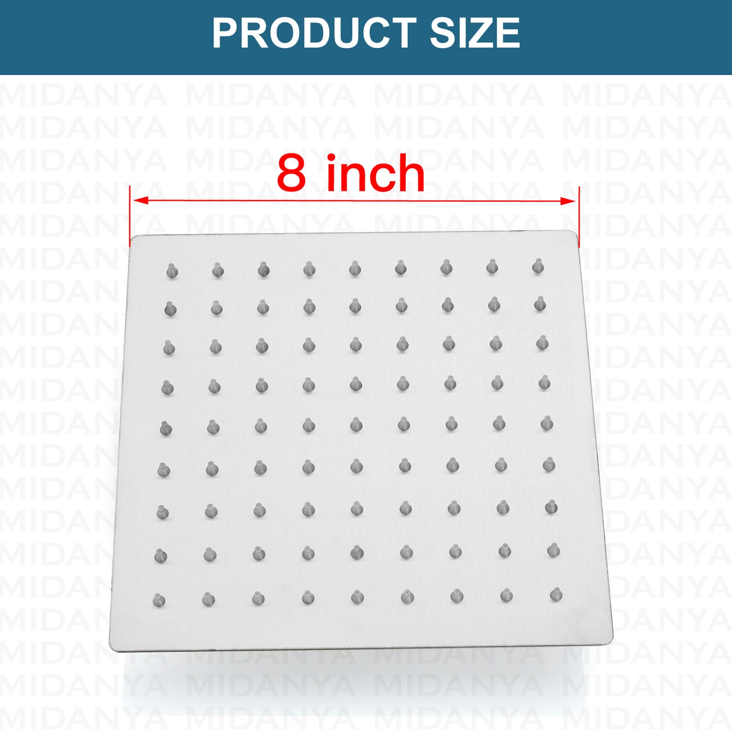 
                  
                    Midanya 8 inch Rainfall Shower Head Square Stainless Steel Rain Showerhead High Pressure Waterfall Crackproof Coverage with Silicone Nozzle 1/16" Ultra Thin Design Swivel Connector
                  
                