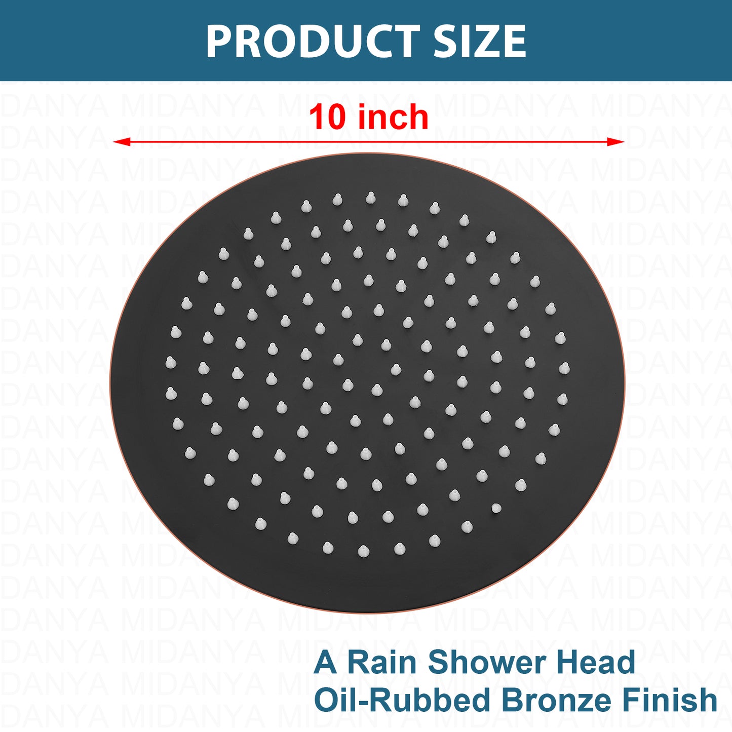 
                  
                    Midanya Round Rainfall Shower Head 10 Inch Stainless Steel Ultra Thin Design High Pressure
                  
                