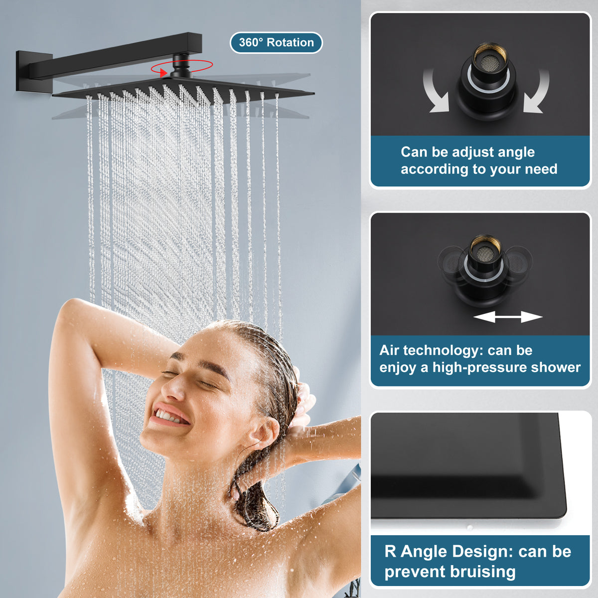 Midanya Rain Shower System 12 Inch Square Rainfall High Pressure Showe ...