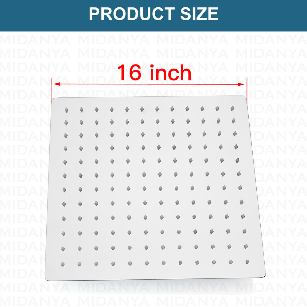 
                  
                    Midanya 16 Inch Rain Shower Head 16'' HIGH PRESSURE Square Stainless Steel 1/16" Ultra Thin Rain Large Showerhead Waterfall Full Body Coverage with Silicone Nozzle Swivel Connector
                  
                