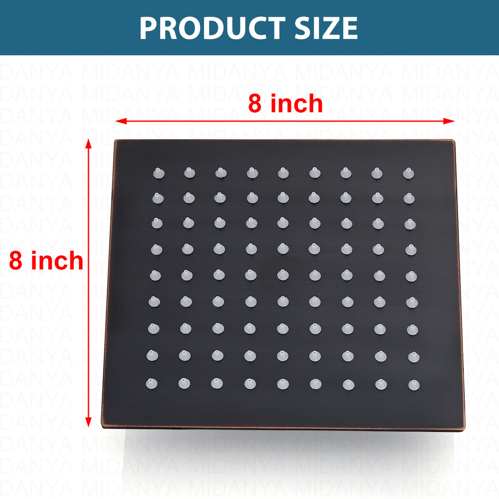 Midanya 8 inch Rainfall Shower Head Square Stainless Steel Rain Showerhead High Pressure Waterfall Crackproof Coverage with Silicone Nozzle 1/16" Ultra Thin Design Swivel Connector
