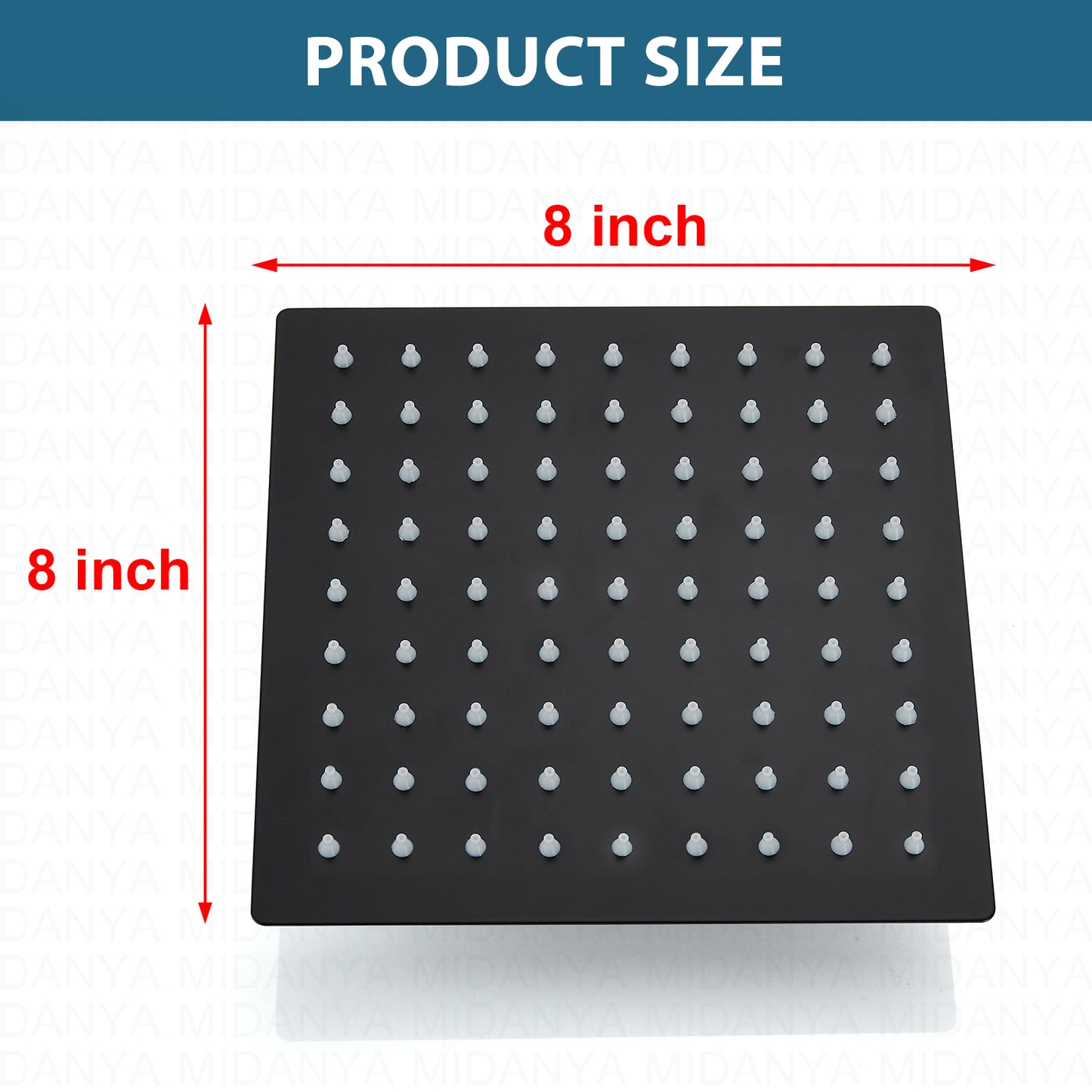 
                  
                    Midanya 8 inch Rainfall Shower Head Square Stainless Steel Rain Showerhead High Pressure Waterfall Crackproof Coverage with Silicone Nozzle 1/16" Ultra Thin Design Swivel Connector
                  
                