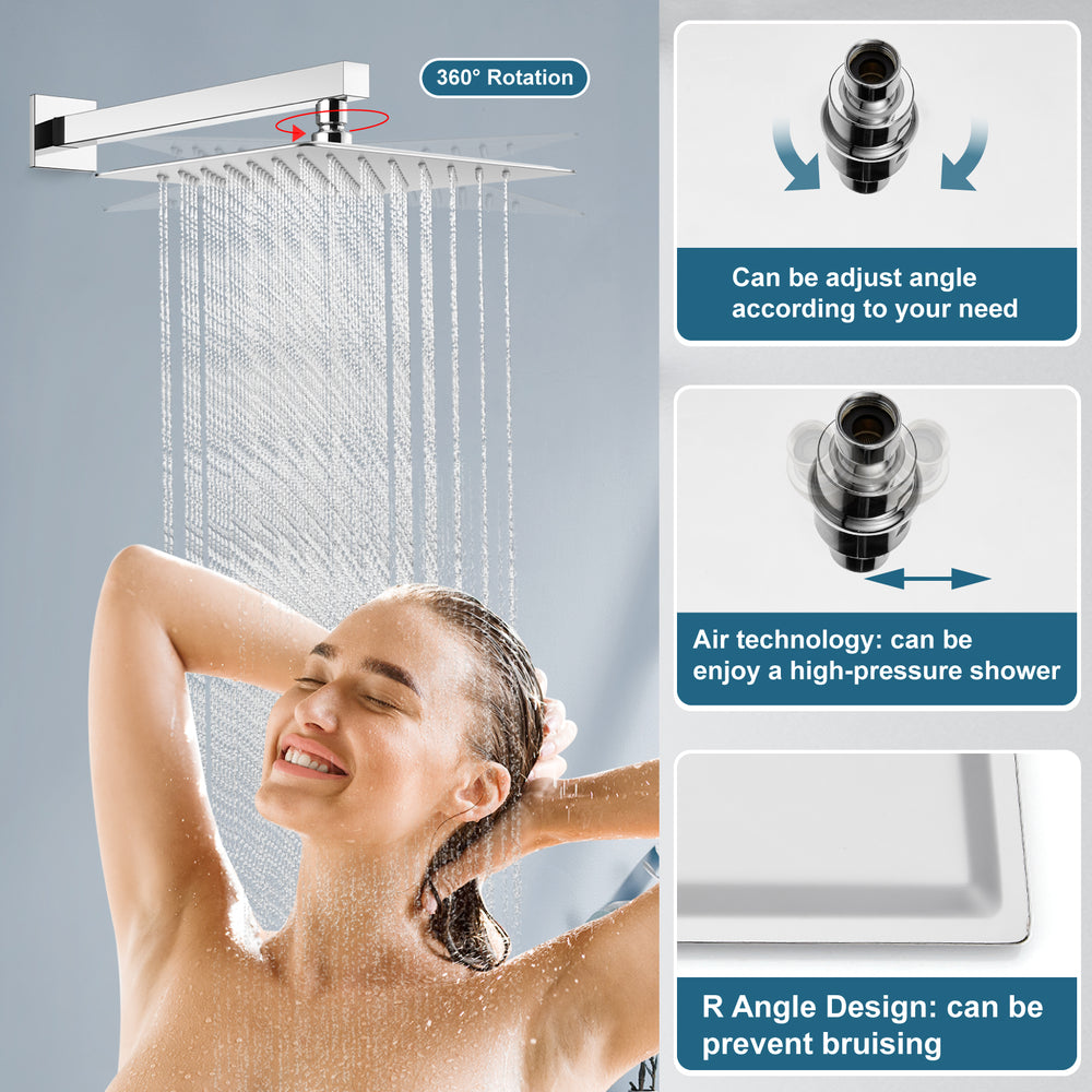 Midanya Rain Shower System 12 Inch Square Rainfall High Pressure Shower Head Wall Mount Shower Faucet Set with Hand Sprayer and Rough-in Valve Trim Kit Bathroom Mixer Shower Combo Set