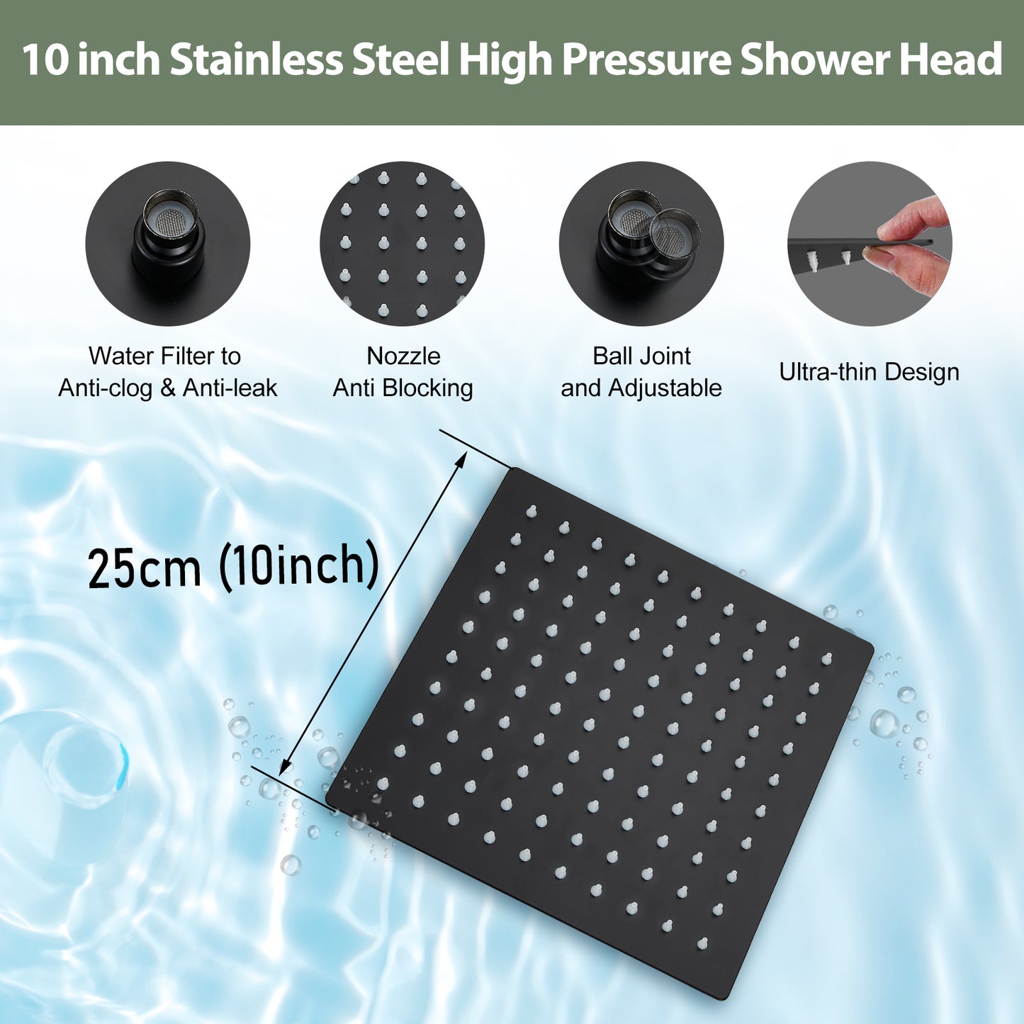 
                  
                    Midanya 10 inch Rainfall Shower Head Square Stainless Steel Rain Showerhead High Pressure Waterfall Crackproof Coverage with Silicone Nozzle 1/16" Ultra Thin Design Swivel Connector
                  
                