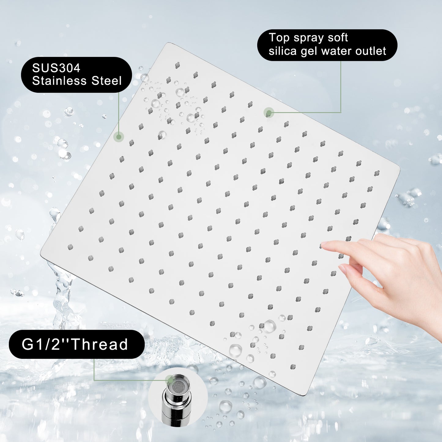 
                  
                    Midanya 12 inch  Rainfall Shower Head Square Stainless Steel Rain Showerhead High Pressure Waterfall Crackproof Coverage with Silicone Nozzle 1/16" Ultra Thin Design Swivel Connector
                  
                