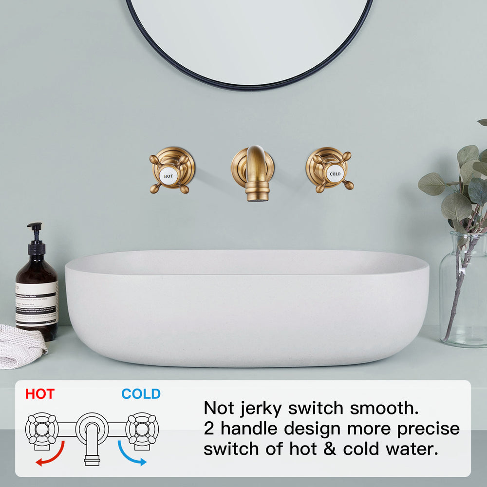 
                  
                    Midanya Bathroom Sink Faucet Widespread Wall Mount 3 Holes 2 Cross Knobs Brass Lavatory Vessel Basin Mixer Tap Mixing Spout Double Handles Commercial with Hot and Cold Signs
                  
                