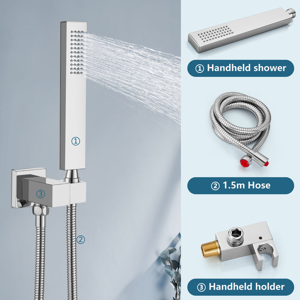 Midanya Rain Shower System 12 Inch Square Rainfall High Pressure Shower Head Wall Mount Shower Faucet Set with Hand Sprayer and Rough-in Valve Trim Kit Bathroom Mixer Shower Combo Set