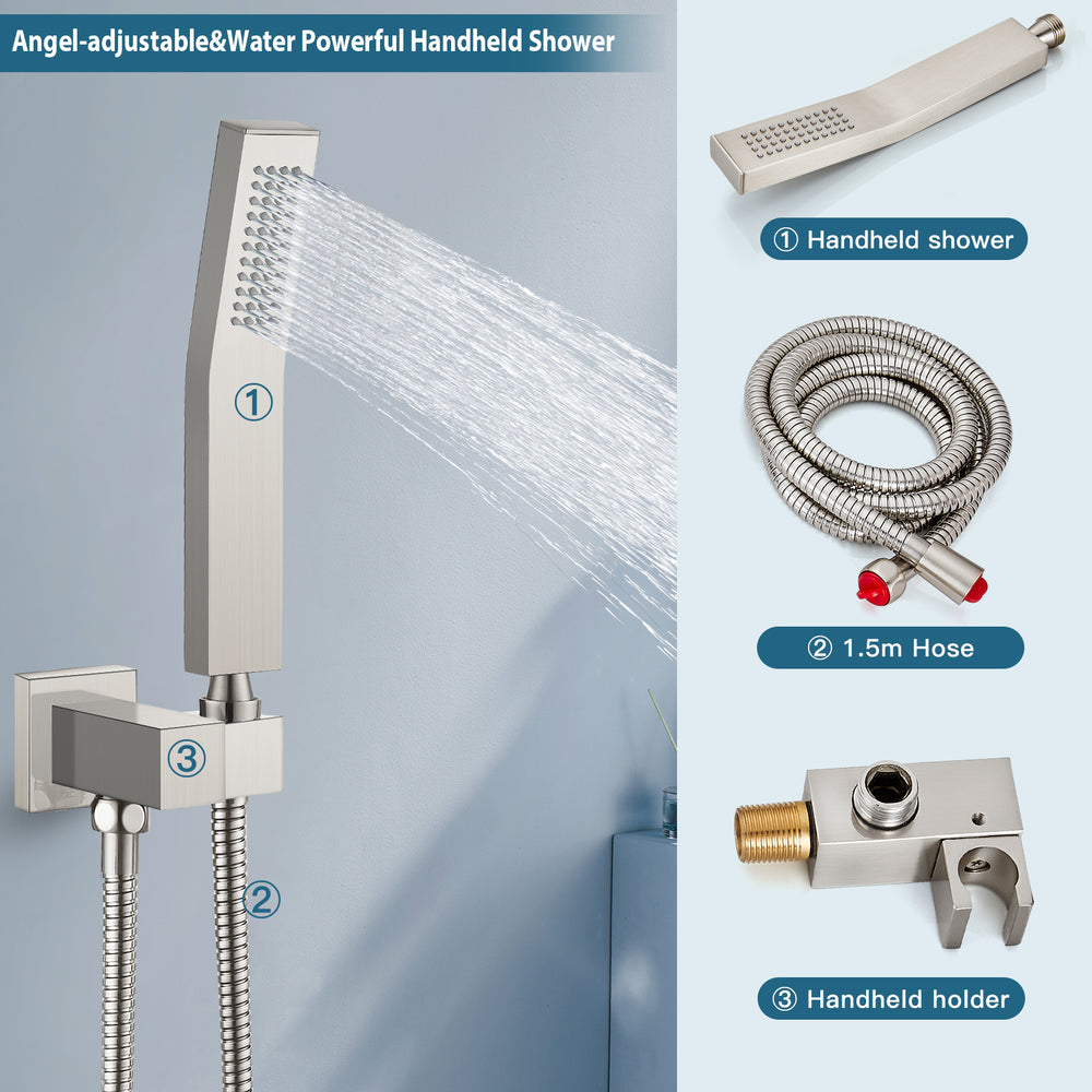 Midanya Rain Shower System Tub Shower Faucet Set 8 Inch Square Rainfall Shower Head with Handheld Sprayer and Waterfall Tub Spout Rough-in Valve Shower Mixer Combo