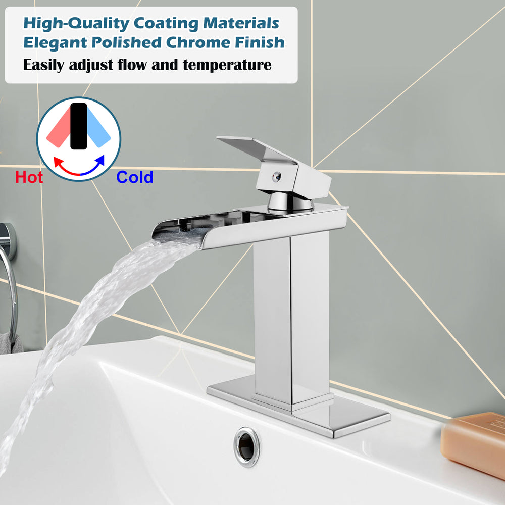 
                  
                    Midanya Waterfall Bathroom Faucet 1 Hole Single Handle Sink Vanity Faucet Wide Mouth Spout with with Pop Up Drain and Deck Mount Plate Lavatory Modern Commercial Mixer Tap
                  
                