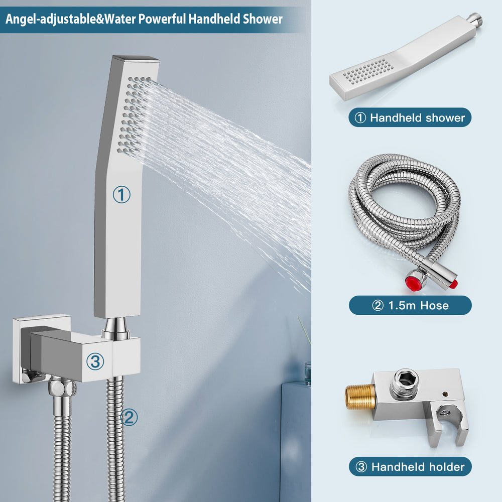 Midanya Rain Shower System Tub Shower Faucet Set 8 Inch Square Rainfall Shower Head with Handheld Sprayer and Waterfall Tub Spout Rough-in Valve Shower Mixer Combo
