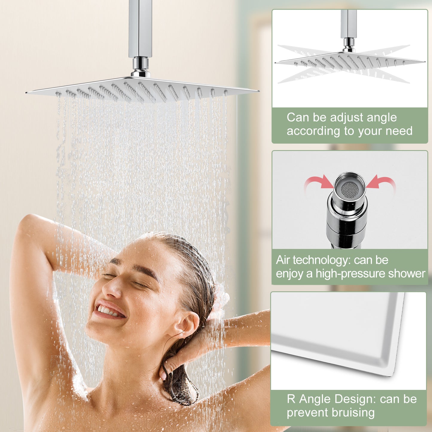
                  
                    Midanya 10 inch Rainfall Shower Head Square Stainless Steel Rain Showerhead High Pressure Waterfall Crackproof Coverage with Silicone Nozzle 1/16" Ultra Thin Design Swivel Connector
                  
                