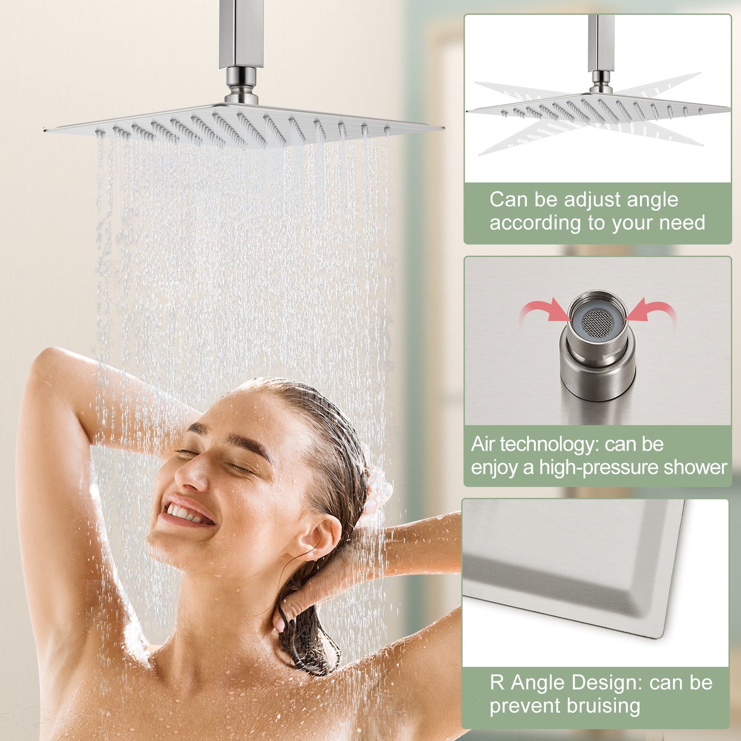
                  
                    Midanya 10 inch Rainfall Shower Head Square Stainless Steel Rain Showerhead High Pressure Waterfall Crackproof Coverage with Silicone Nozzle 1/16" Ultra Thin Design Swivel Connector
                  
                