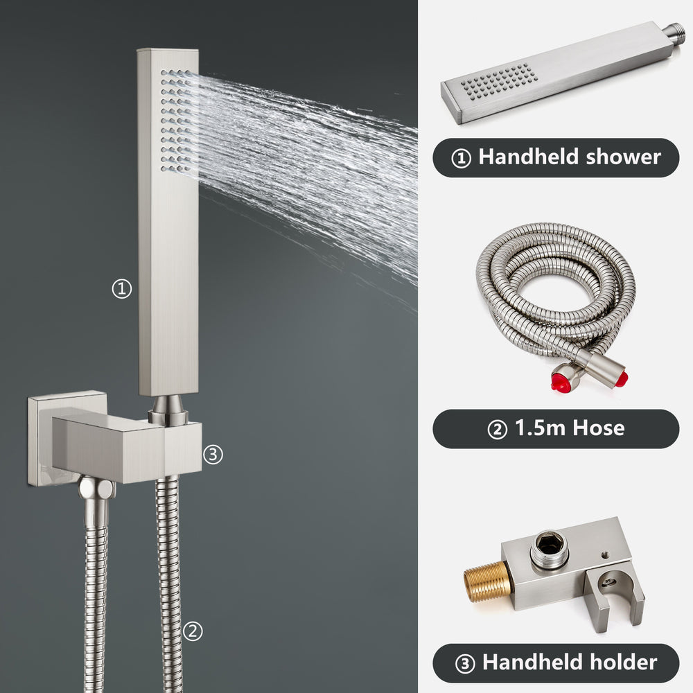 Midanya Rain Shower System 12 Inch Square Rainfall High Pressure Shower Head Wall Mount Shower Faucet Set with Hand Sprayer and Rough-in Valve Trim Kit Bathroom Mixer Shower Combo Set