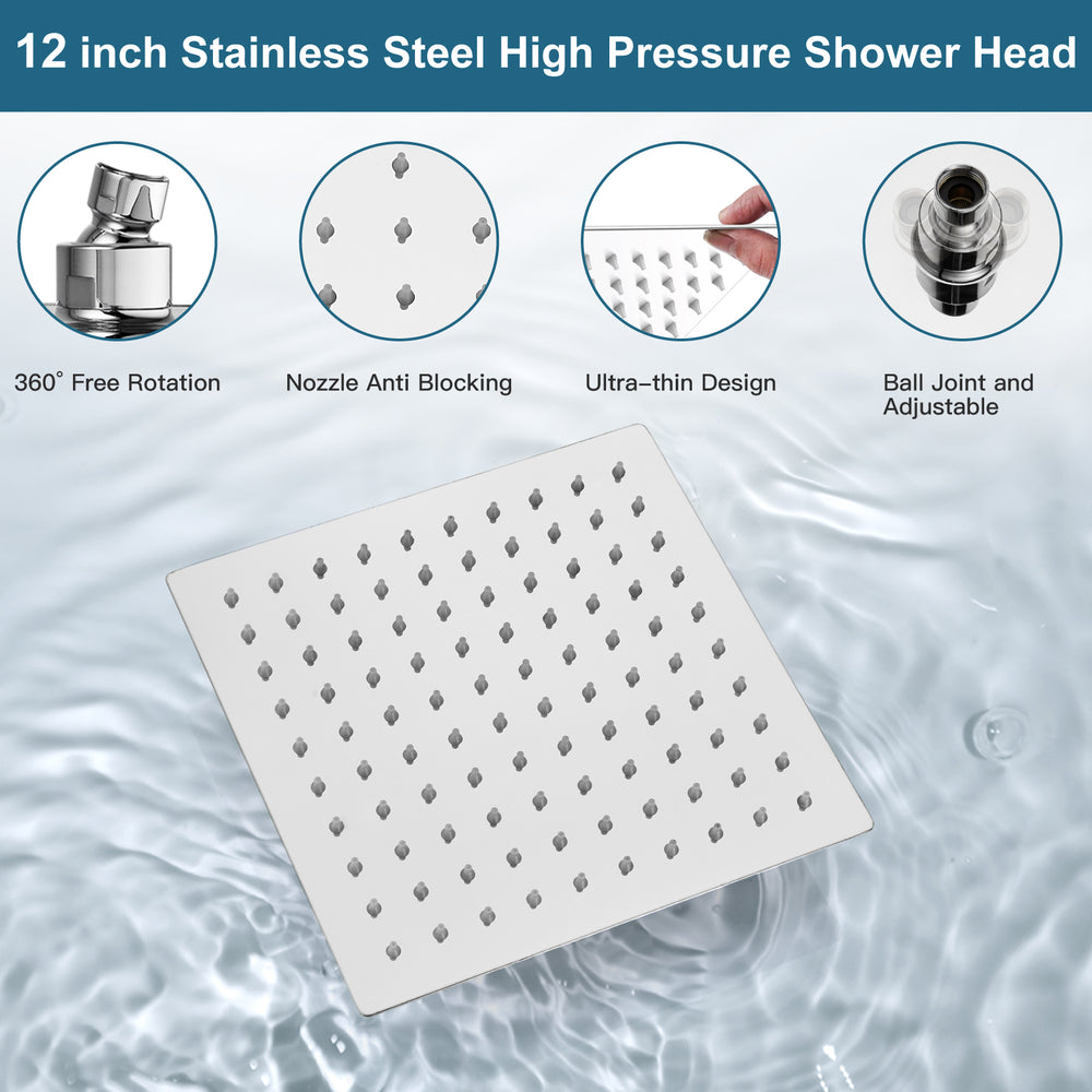 Midanya Rain Shower System 12 Inch Square Rainfall High Pressure Shower Head Wall Mount Shower Faucet Set with Hand Sprayer and Rough-in Valve Trim Kit Bathroom Mixer Shower Combo Set