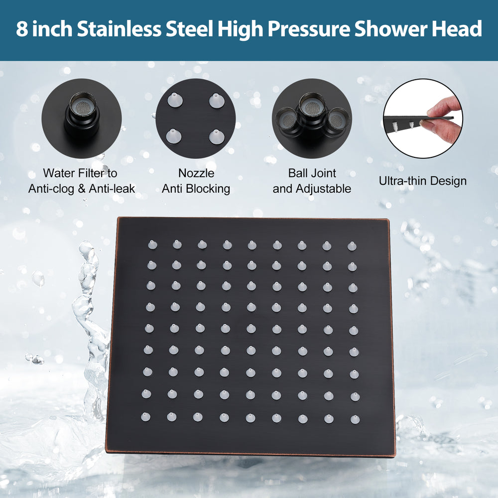 Midanya 8 inch Rainfall Shower Head Square Stainless Steel Rain Showerhead High Pressure Waterfall Crackproof Coverage with Silicone Nozzle 1/16" Ultra Thin Design Swivel Connector