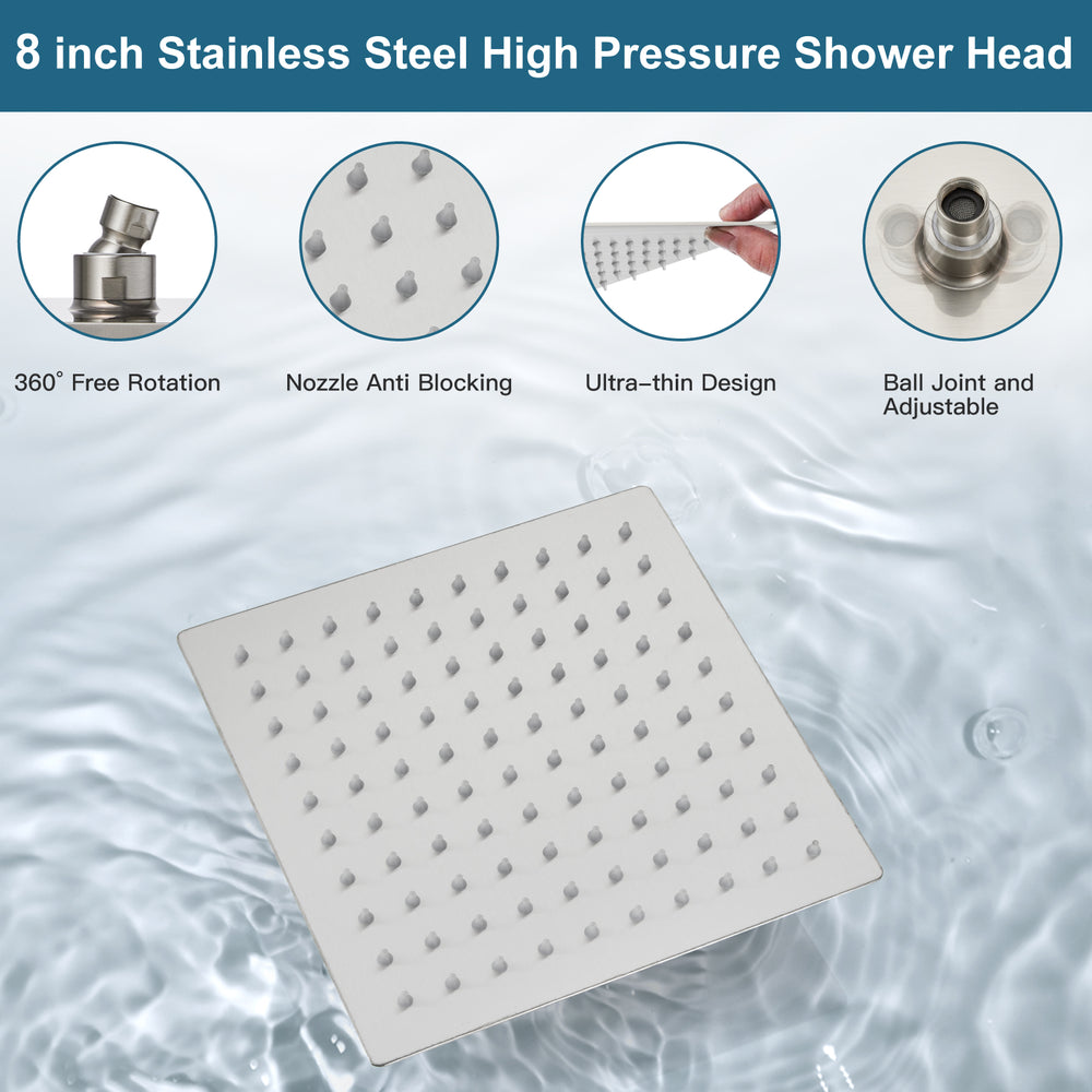 Midanya 8 inch Rainfall Shower Head Square Stainless Steel Rain Showerhead High Pressure Waterfall Crackproof Coverage with Silicone Nozzle 1/16" Ultra Thin Design Swivel Connector
