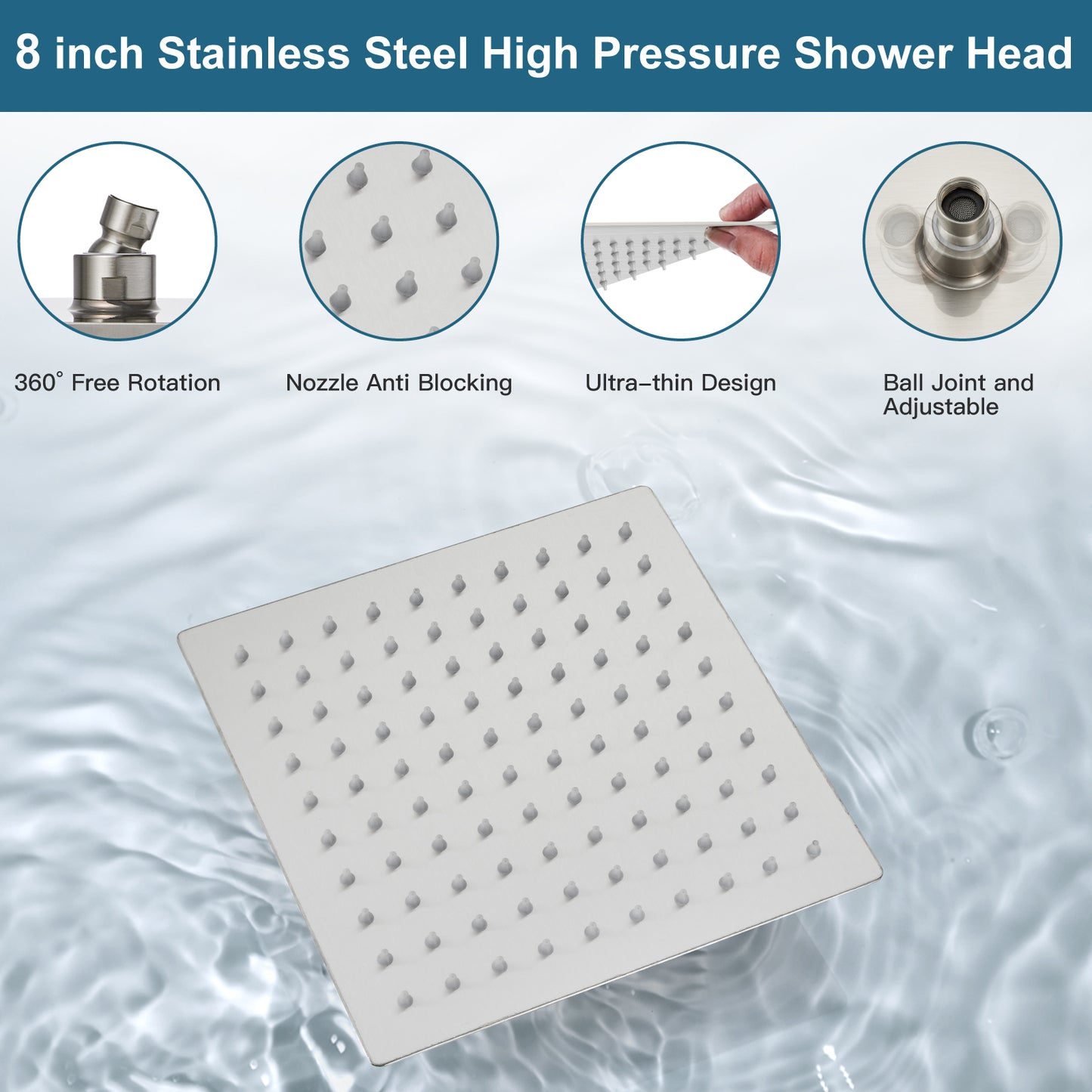 
                  
                    Midanya 8 inch Rainfall Shower Head Square Stainless Steel Rain Showerhead High Pressure Waterfall Crackproof Coverage with Silicone Nozzle 1/16" Ultra Thin Design Swivel Connector
                  
                