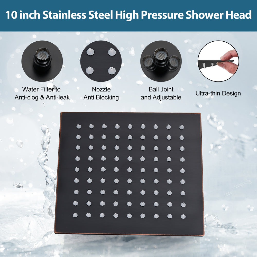 Midanya 10 inch Rainfall Shower Head Square Stainless Steel Rain Showerhead High Pressure Waterfall Crackproof Coverage with Silicone Nozzle 1/16" Ultra Thin Design Swivel Connector