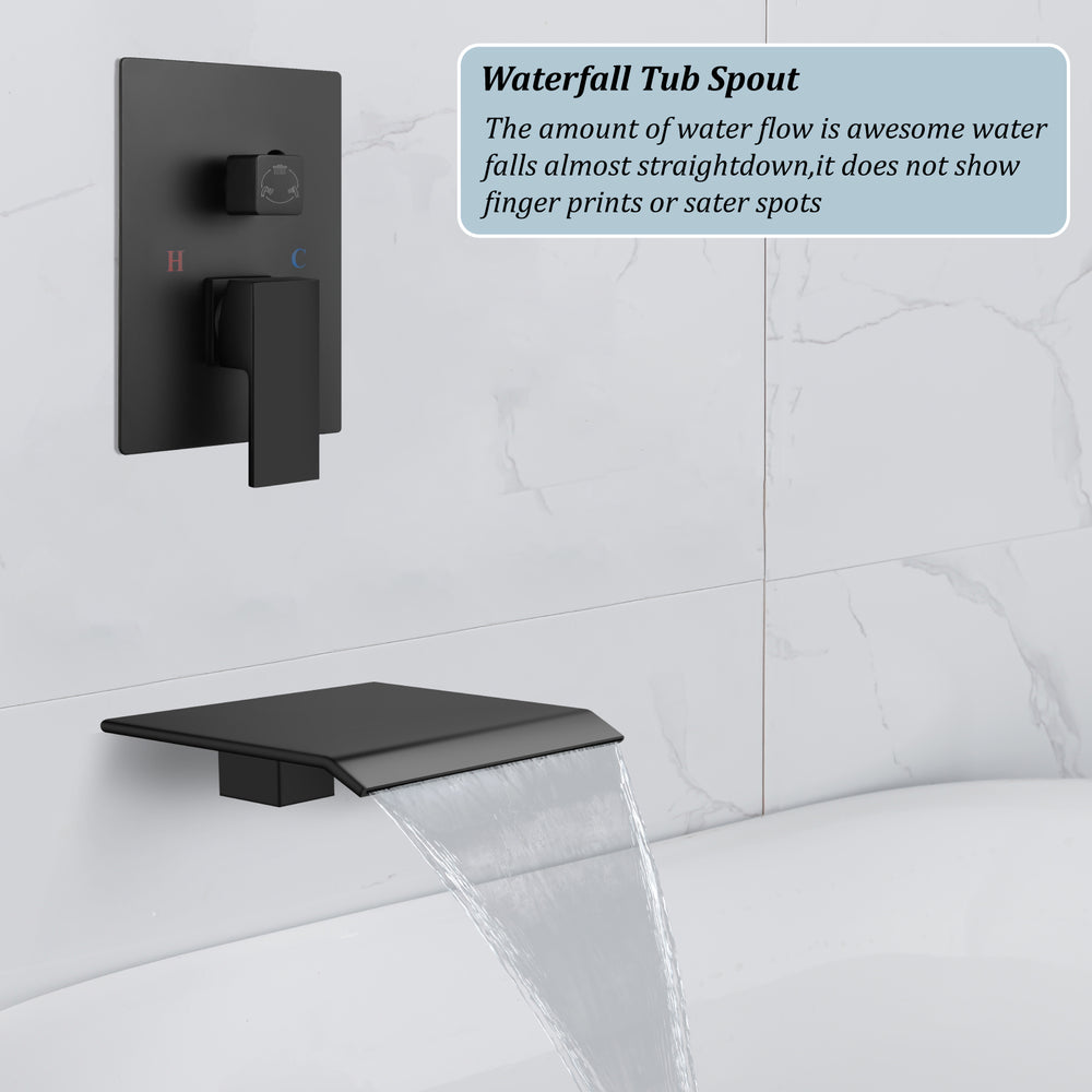 Midanya Rain Shower System Tub Shower Faucet Set 10 Inch Square Rainfall High Pressure Shower Head with Handheld Sprayer and Waterfall Tub Spout Rough-in Valve Shower Mixer Combo