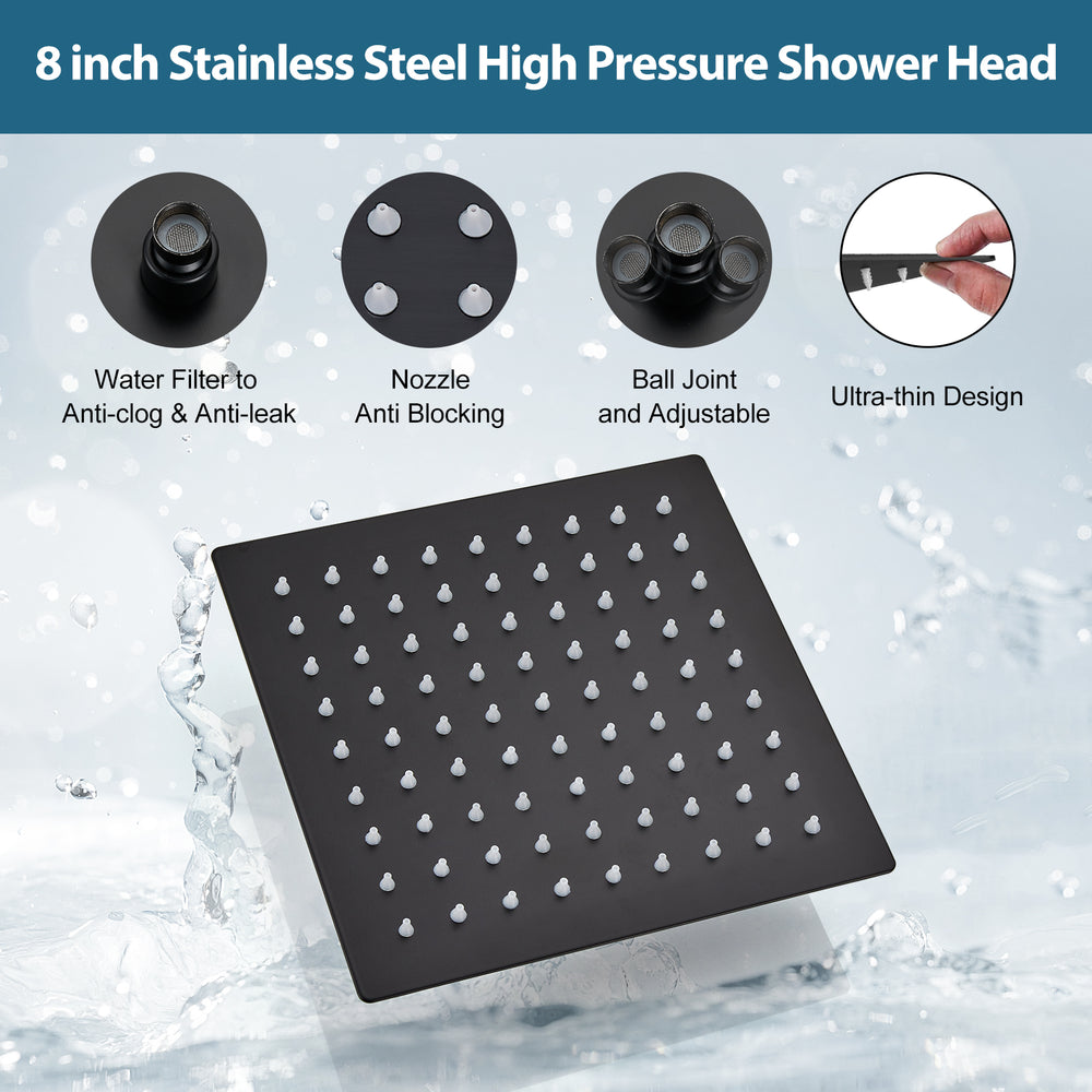 Midanya 8 inch Rainfall Shower Head Square Stainless Steel Rain Showerhead High Pressure Waterfall Crackproof Coverage with Silicone Nozzle 1/16" Ultra Thin Design Swivel Connector