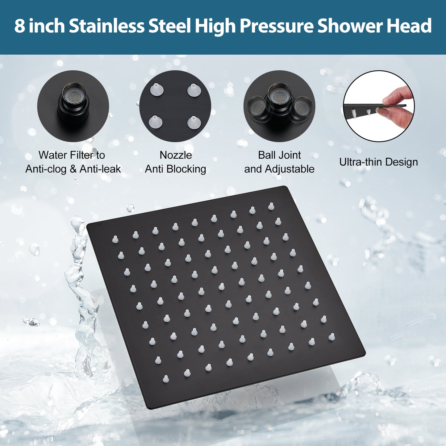 
                  
                    Midanya 8 inch Rainfall Shower Head Square Stainless Steel Rain Showerhead High Pressure Waterfall Crackproof Coverage with Silicone Nozzle 1/16" Ultra Thin Design Swivel Connector
                  
                