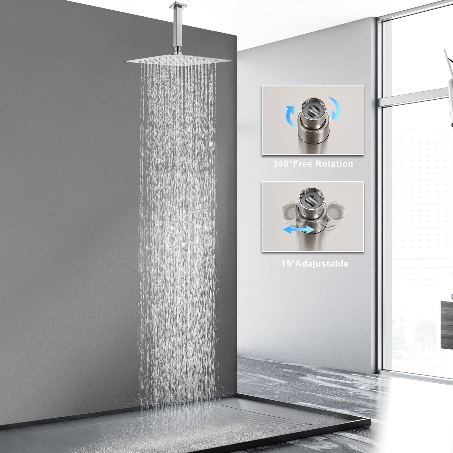 
                  
                    Midanya 12 inch  Rainfall Shower Head Square Stainless Steel Rain Showerhead High Pressure Waterfall Crackproof Coverage with Silicone Nozzle 1/16" Ultra Thin Design Swivel Connector
                  
                