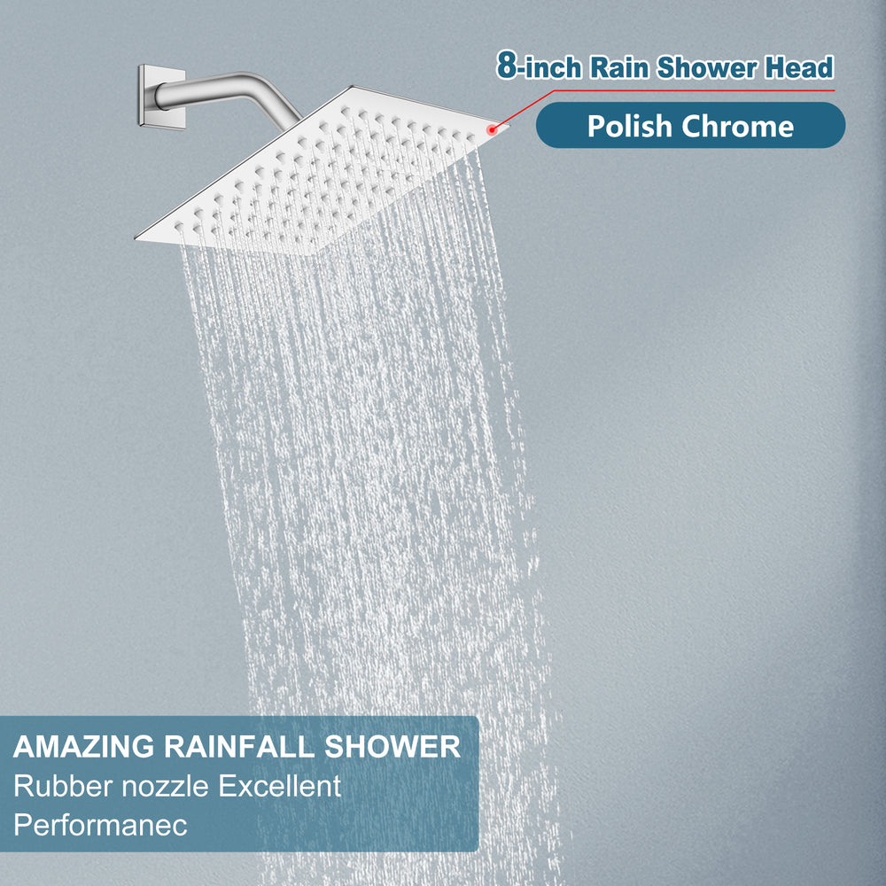 Midanya 8 inch Rainfall Shower Head Square Stainless Steel Rain Showerhead High Pressure Waterfall Crackproof Coverage with Silicone Nozzle 1/16" Ultra Thin Design Swivel Connector