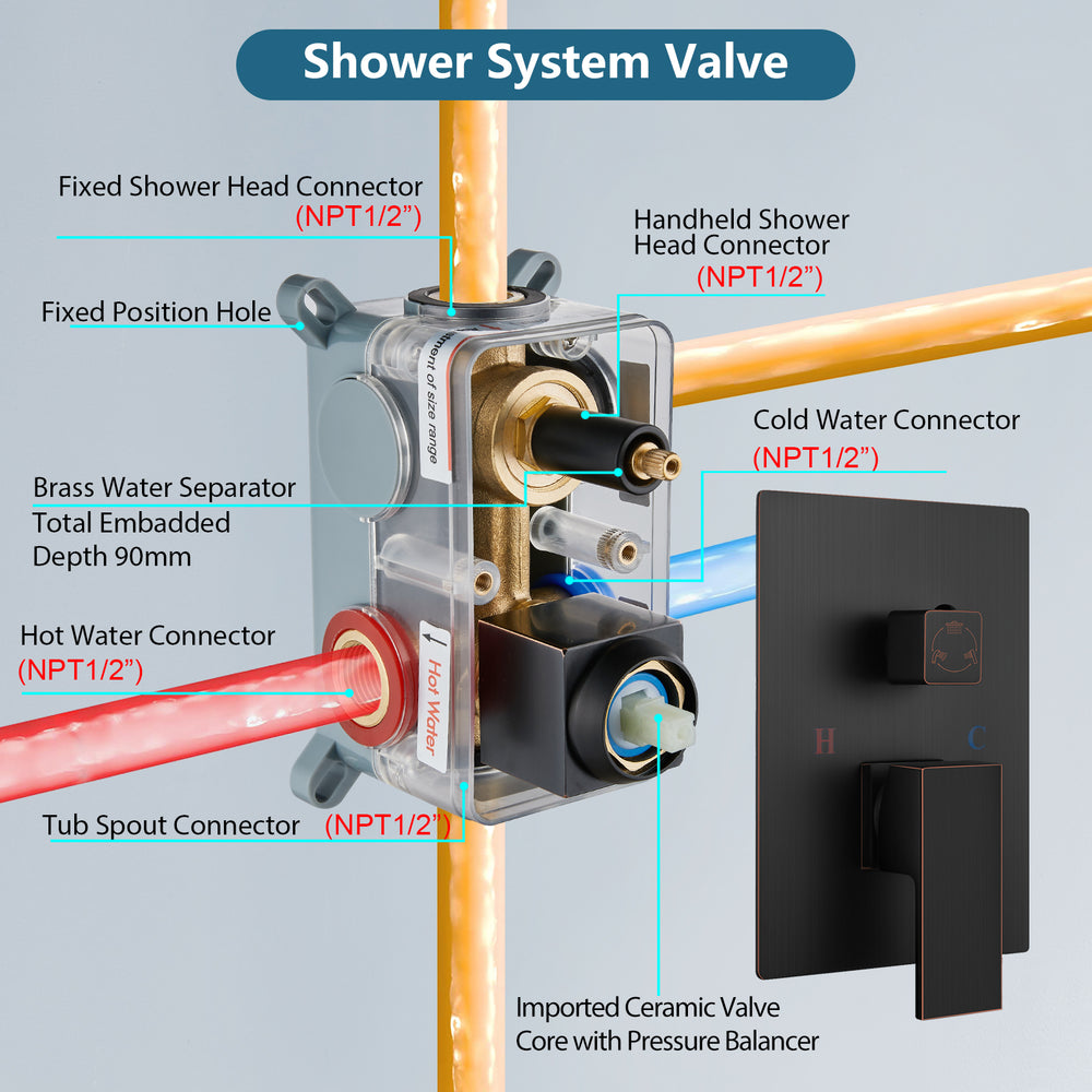 Midanya Rain Shower System Tub Shower Faucet Set 8 Inch Square Rainfall Shower Head with Handheld Sprayer and Waterfall Tub Spout Rough-in Valve Shower Mixer Combo
