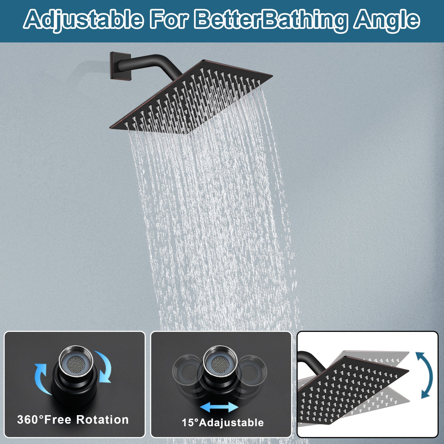 Midanya 8" Square Rainfall Shower Head - High Pressure, Matte Black, Stainless Steel (Wall Or Ceiling Mount)