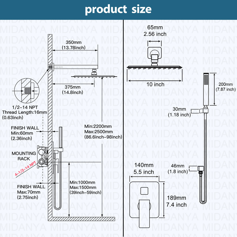 Midanya  Bathroom Rain Shower System Shower Faucet Set Wall Mount 10 Inch Square Rainfall Shower Head High Pressure Shower Fixture with Handheld Sprayer Rough-In Valve and Trim Included