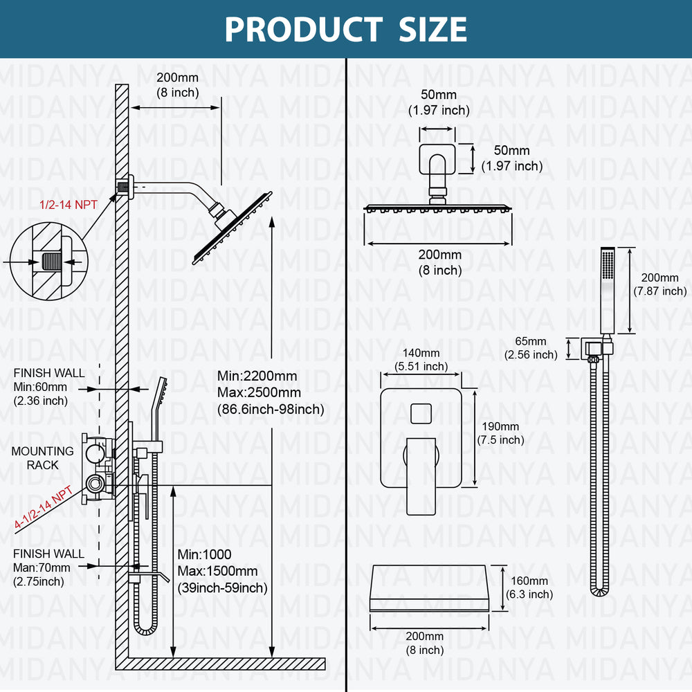 Midanya Rain Shower System Tub Shower Faucet Set 8 Inch Square Rainfall Shower Head with Handheld Sprayer and Waterfall Tub Spout Rough-in Valve Shower Mixer Combo