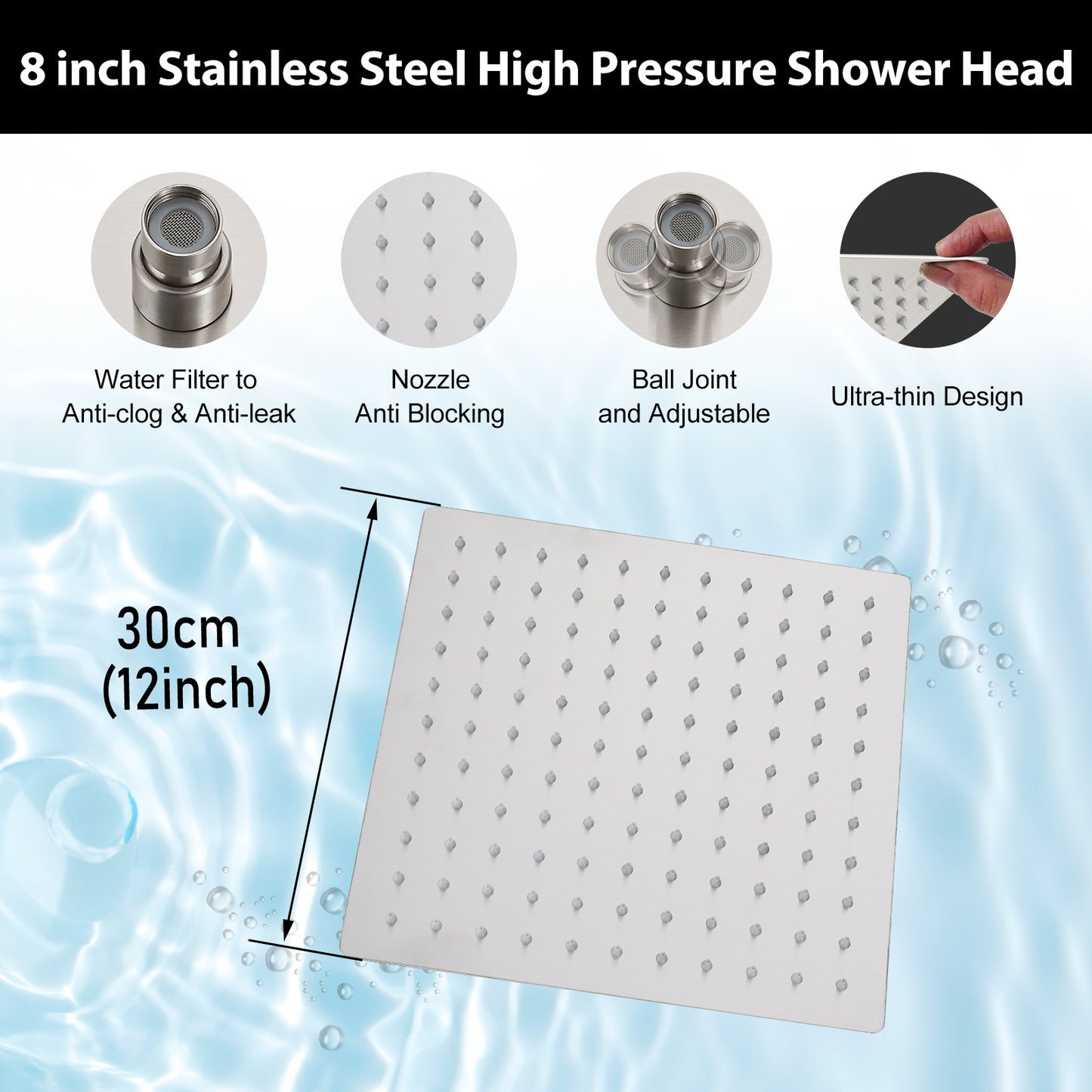 
                  
                    Midanya 12 inch  Rainfall Shower Head Square Stainless Steel Rain Showerhead High Pressure Waterfall Crackproof Coverage with Silicone Nozzle 1/16" Ultra Thin Design Swivel Connector
                  
                