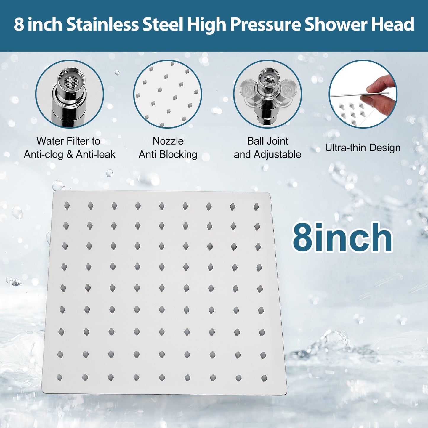 
                  
                    Midanya 8 inch Rainfall Shower Head Square Stainless Steel Rain Showerhead High Pressure Waterfall Crackproof Coverage with Silicone Nozzle 1/16" Ultra Thin Design Swivel Connector
                  
                