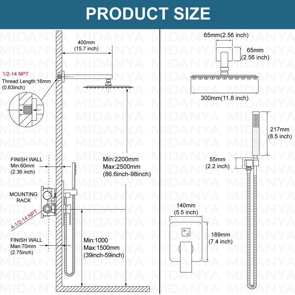 Midanya Rain Shower System 12 Inch Square Rainfall High Pressure Shower Head Wall Mount Shower Faucet Set with Hand Sprayer and Rough-in Valve Trim Kit Bathroom Mixer Shower Combo Set