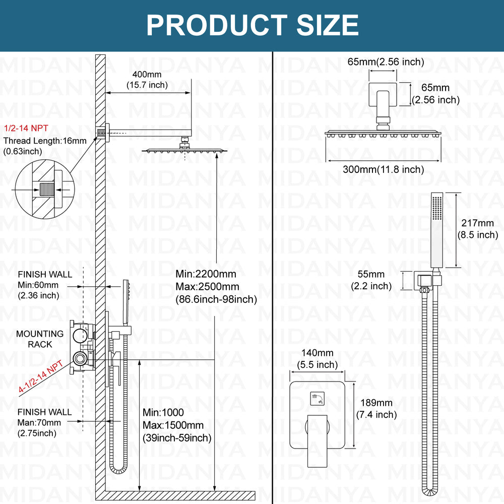 Midanya Rain Shower System 12 Inch Square Rainfall High Pressure Shower Head Wall Mount Shower Faucet Set with Hand Sprayer and Rough-in Valve Trim Kit Bathroom Mixer Shower Combo Set