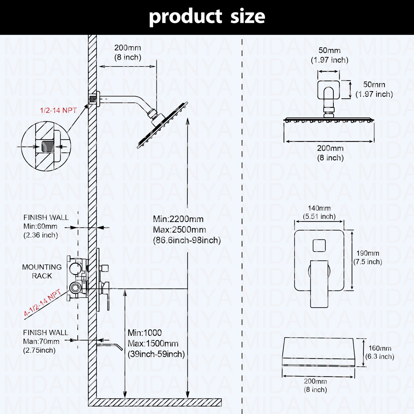 
                  
                    Midanya Tub and Shower Faucet Set Shower System with 8-Inch Rain Shower Head and Waterfall Tub Faucet Wall Mount Shower Valve and Trim Kit Included
                  
                