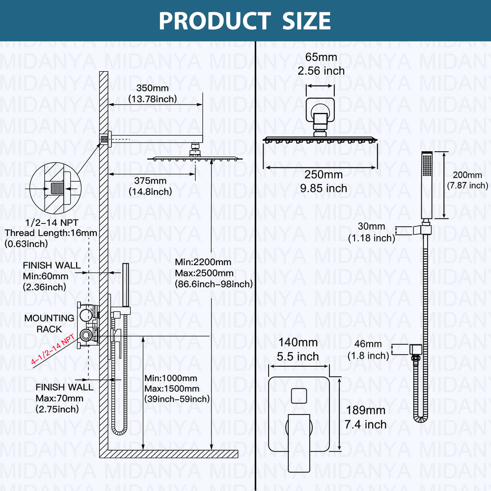 Midanya  Bathroom Rain Shower System Shower Faucet Set Wall Mount 10 Inch Square Rainfall Shower Head High Pressure Shower Fixture with Handheld Sprayer Rough-In Valve and Trim Included