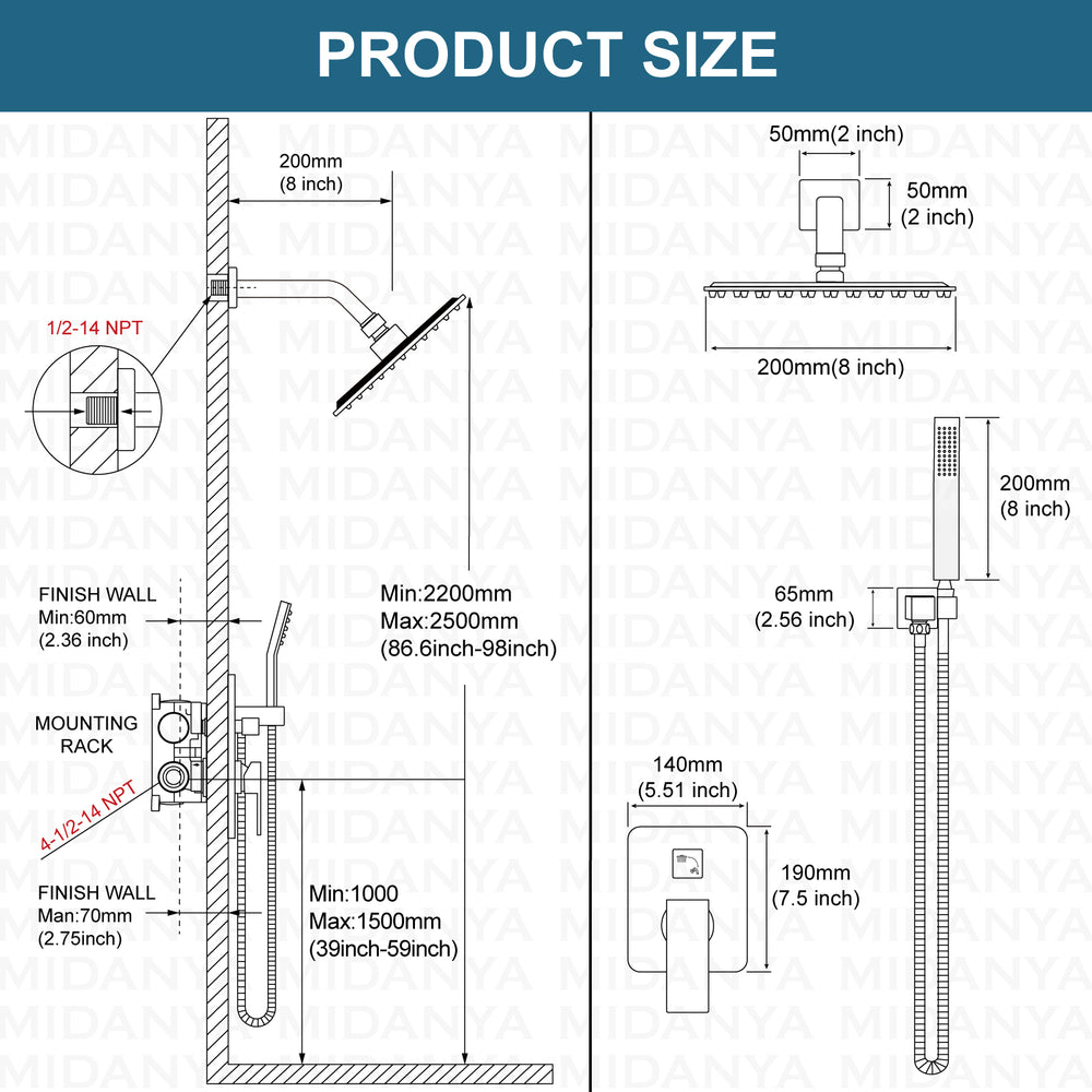 
                  
                    Midanya Rain Shower System Wall Mount Shower Faucet Set 8 Inch Square High Pressure Showerhead with Hand Sprayer Rough-In Valve Body and Trim Included Mixer Shower Combo Set Bathroom
                  
                