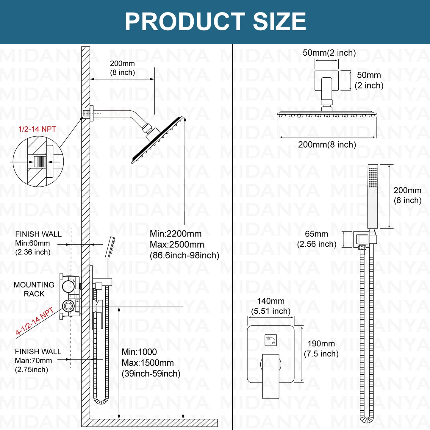 
                  
                    Midanya Rain Shower System Wall Mount Shower Faucet Set 8 Inch Square High Pressure Showerhead with Hand Sprayer Rough-In Valve Body and Trim Included Mixer Shower Combo Set Bathroom
                  
                