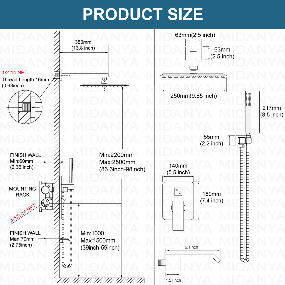 Midanya Rain Shower System Tub Shower Faucet Set 10 Inch Square Rainfall High Pressure Shower Head with Handheld Sprayer and Waterfall Tub Spout Rough-in Valve Shower Mixer Combo