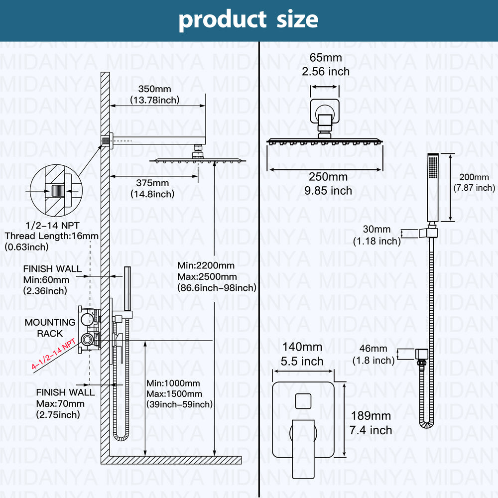 Midanya  Bathroom Rain Shower System Shower Faucet Set Wall Mount 10 Inch Square Rainfall Shower Head High Pressure Shower Fixture with Handheld Sprayer Rough-In Valve and Trim Included