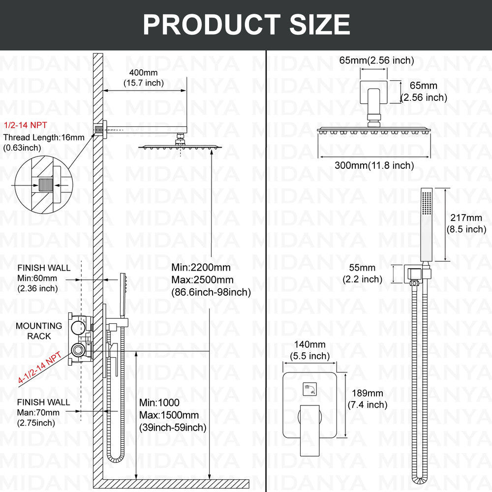 Midanya Rain Shower System 12 Inch Square Rainfall High Pressure Shower Head Wall Mount Shower Faucet Set with Hand Sprayer and Rough-in Valve Trim Kit Bathroom Mixer Shower Combo Set