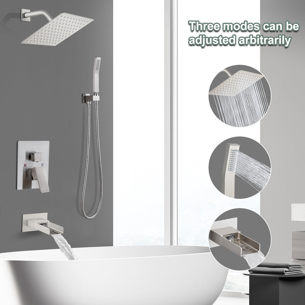 thumbnail image 2 of 8-Inch Rainfall Shower Faucet Set With Tub Spout – Wall Mounted, Brushed Nickel Finish 2 of 6