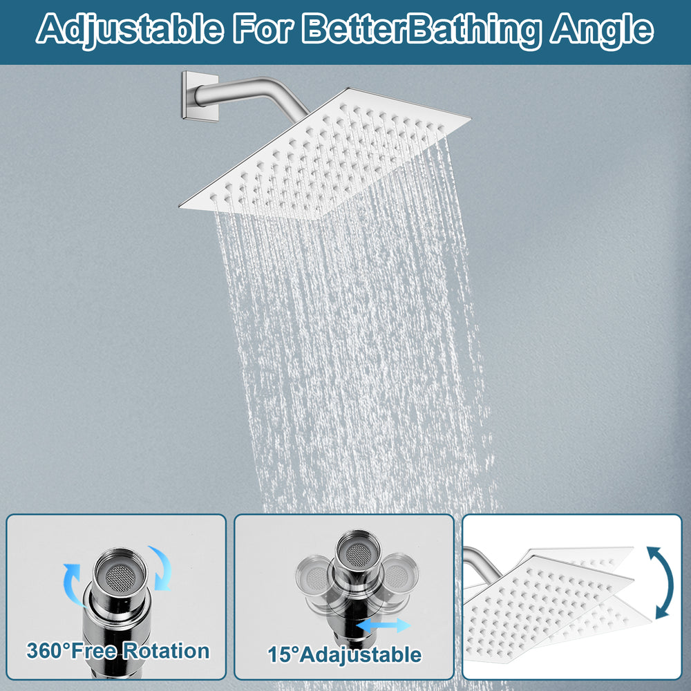 Midanya 8 inch Rainfall Shower Head Square Stainless Steel Rain Showerhead High Pressure Waterfall Crackproof Coverage with Silicone Nozzle 1/16" Ultra Thin Design Swivel Connector